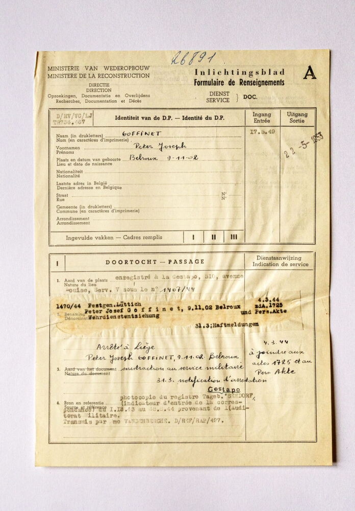 Archiv des Kriegsopferdiensts, Personalakte Joseph Goffinet, aos-d26891. Photo: Philippe Beck