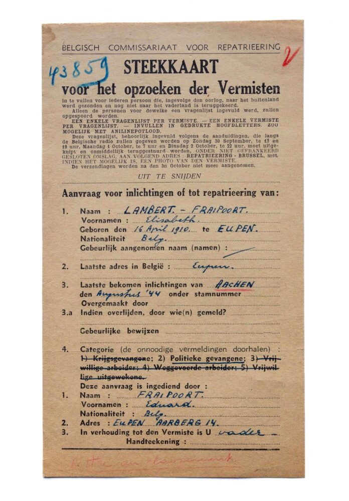 Archiv des Kriegsopferdiensts, Akte Elisabeth Fraipont, d052537. Photo: Philippe Beck